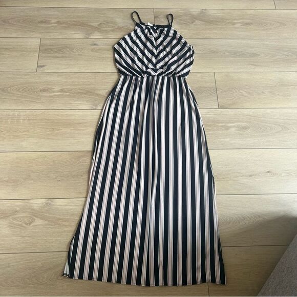 Maurices Stripe Print Maxi Dress Pink Black White Chevron Spaghetti Strap Medium - Picture 8 of 13